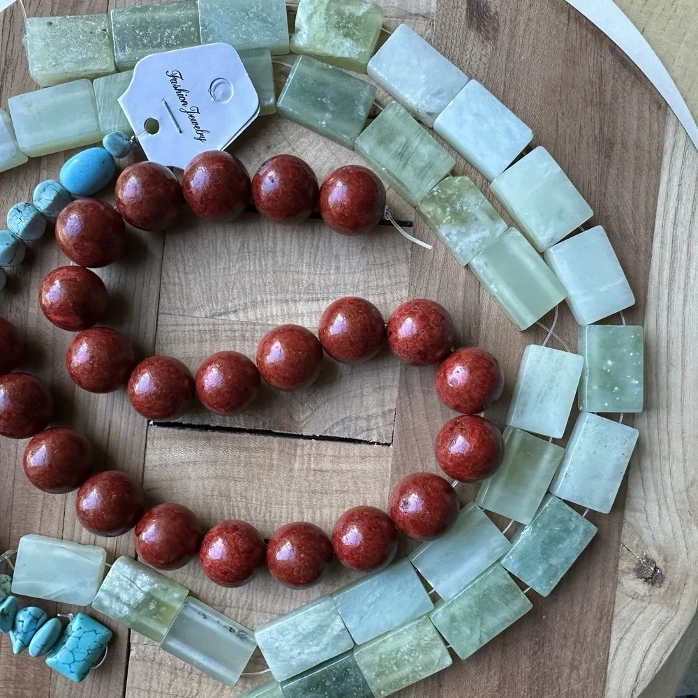 Lapidary Stone Beads 4 Strand Lot Nephrite Jade Fossil Red Coral Blue Turquoise - Picture 5 of 12